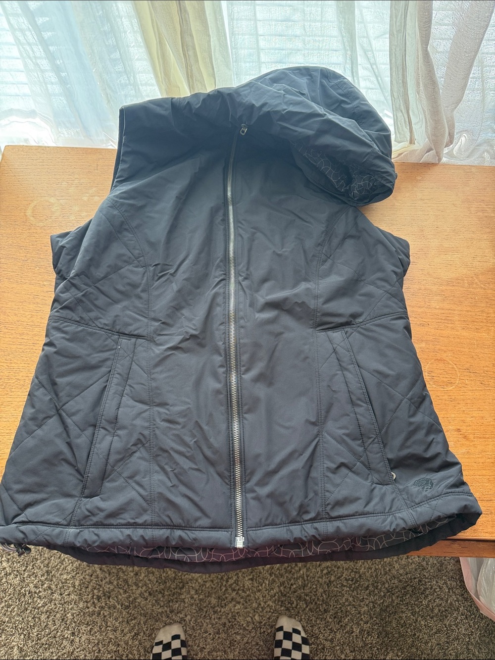 Mountain Hardwear Women's Black Quilted Hooded Vest with Patterned Lining